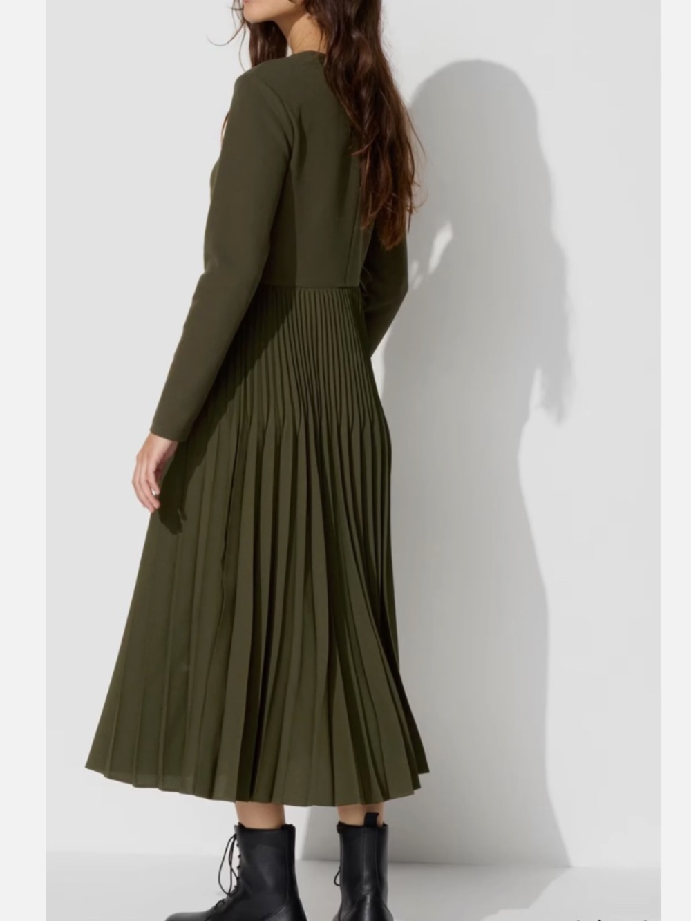 Uniqlo Combination Dress Olive Green Long Sleeve Pleated Midi Dress Size S